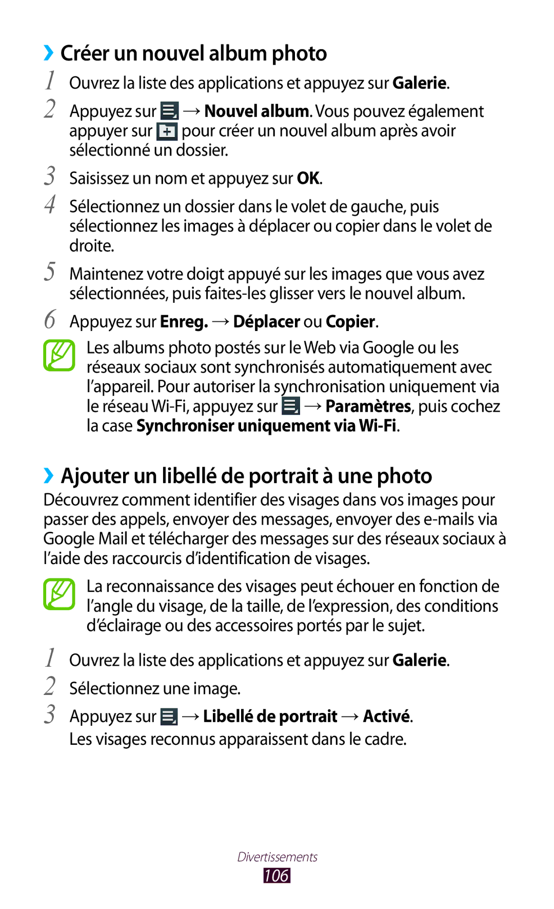 Samsung GT-N8020EAASFR, GT-N8020EAAXEF ››Créer un nouvel album photo, ››Ajouter un libellé de portrait à une photo, 106 