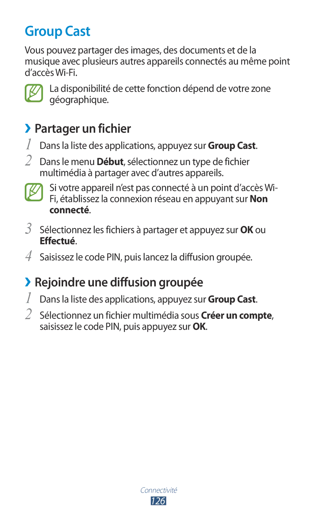 Samsung GT-N8020EAAXEF, GT-N8020EAASFR, GT-N8020ZWAFTM manual Group Cast, ››Rejoindre une diffusion groupée, 126 