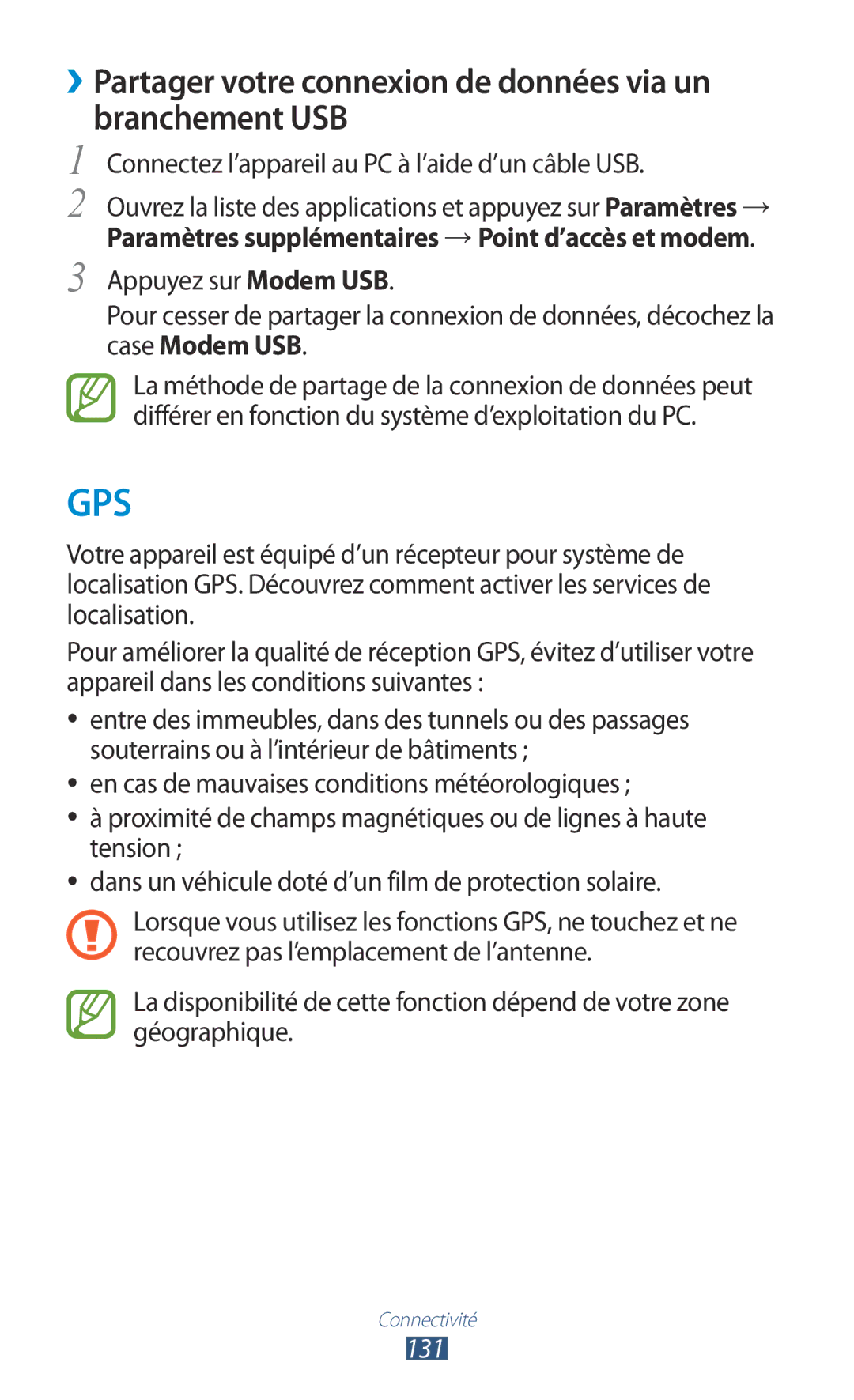 Samsung GT-N8020ZWAFTM, GT-N8020EAAXEF, GT-N8020EAASFR ››Partager votre connexion de données via un branchement USB, 131 