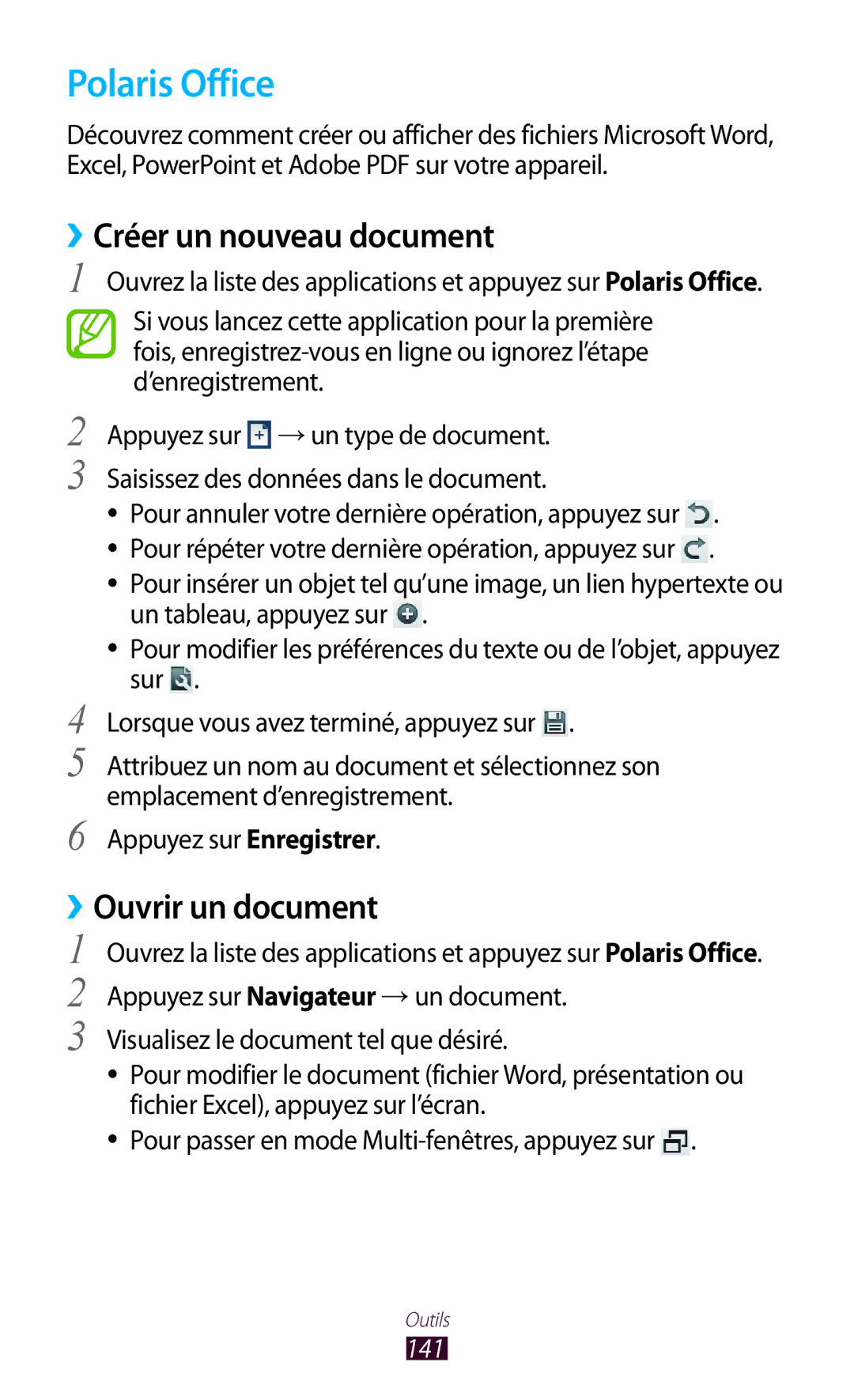 Samsung GT-N8020EAAXEF, GT-N8020EAASFR manual Polaris Office, ››Créer un nouveau document, ››Ouvrir un document, 141 