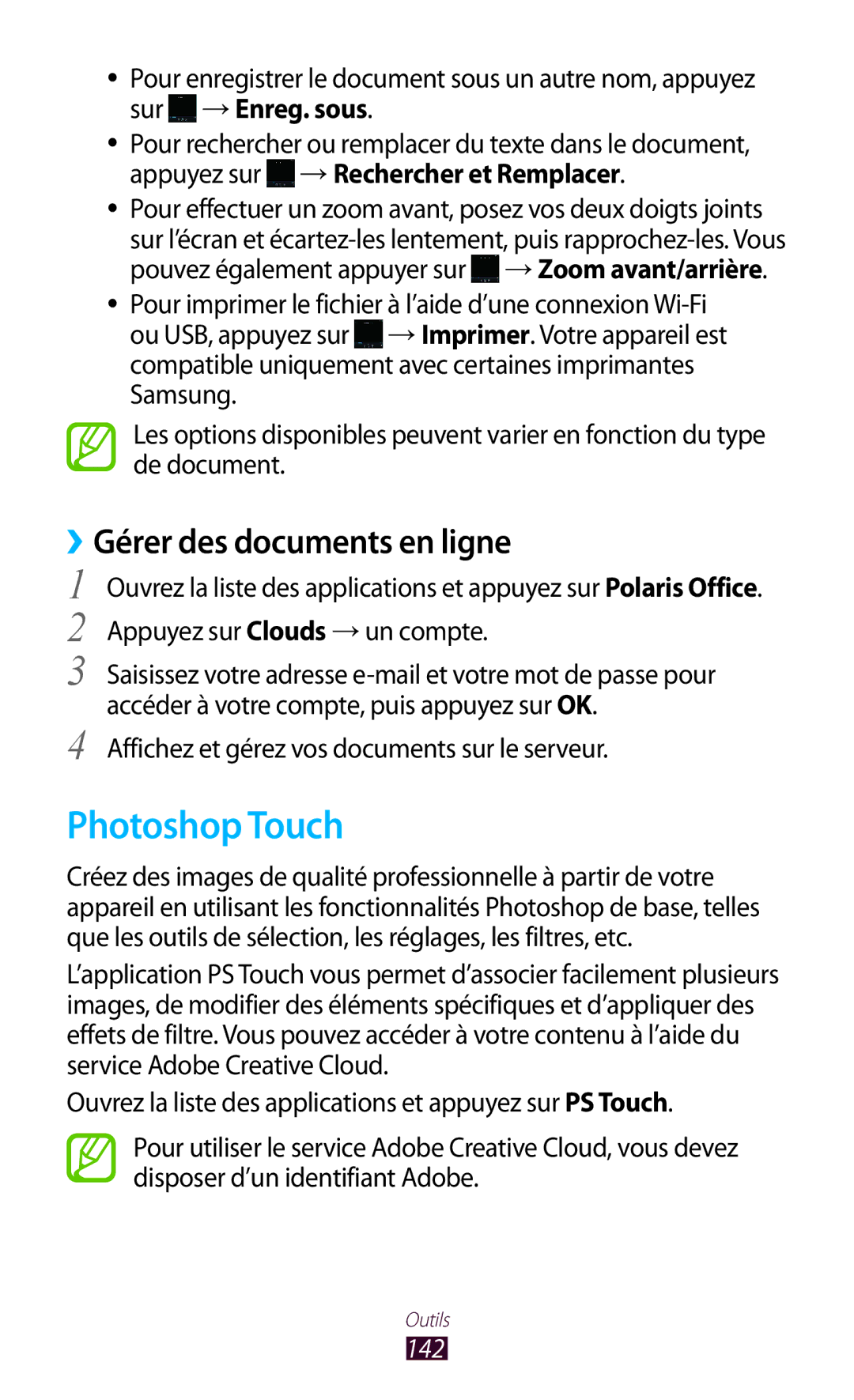 Samsung GT-N8020EAASFR Photoshop Touch, ››Gérer des documents en ligne, Affichez et gérez vos documents sur le serveur 