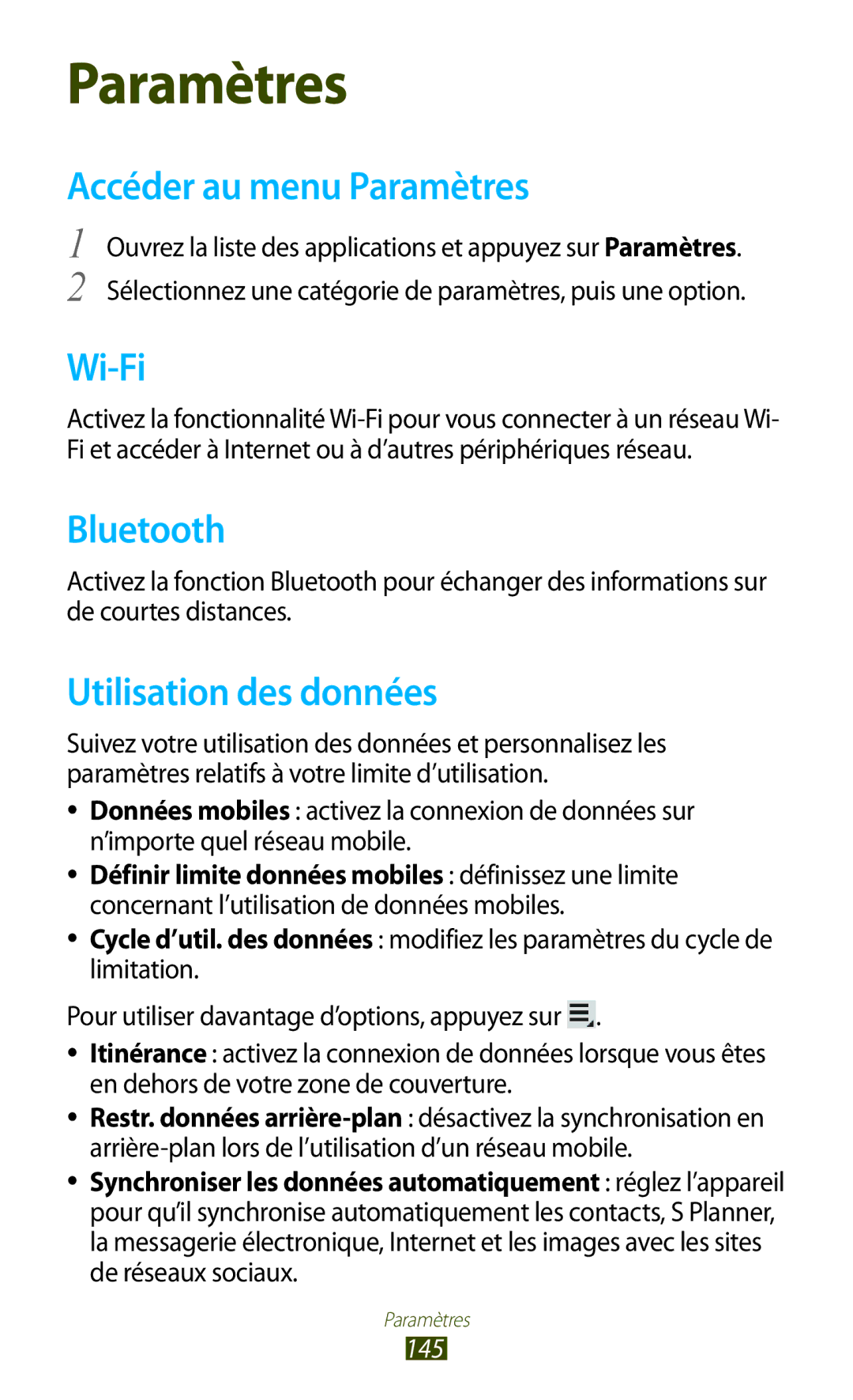 Samsung GT-N8020EAASFR, GT-N8020EAAXEF, GT-N8020ZWAFTM manual Accéder au menu Paramètres, Utilisation des données, 145 