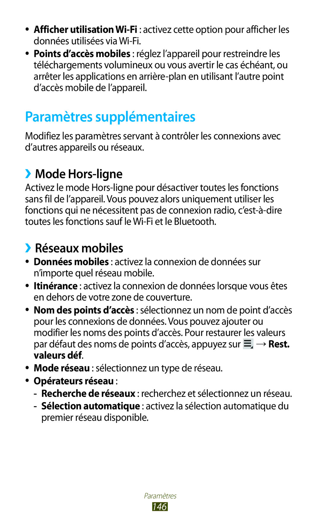 Samsung GT-N8020ZWAFTM, GT-N8020EAAXEF manual Paramètres supplémentaires, ››Mode Hors-ligne, ››Réseaux mobiles, 146 