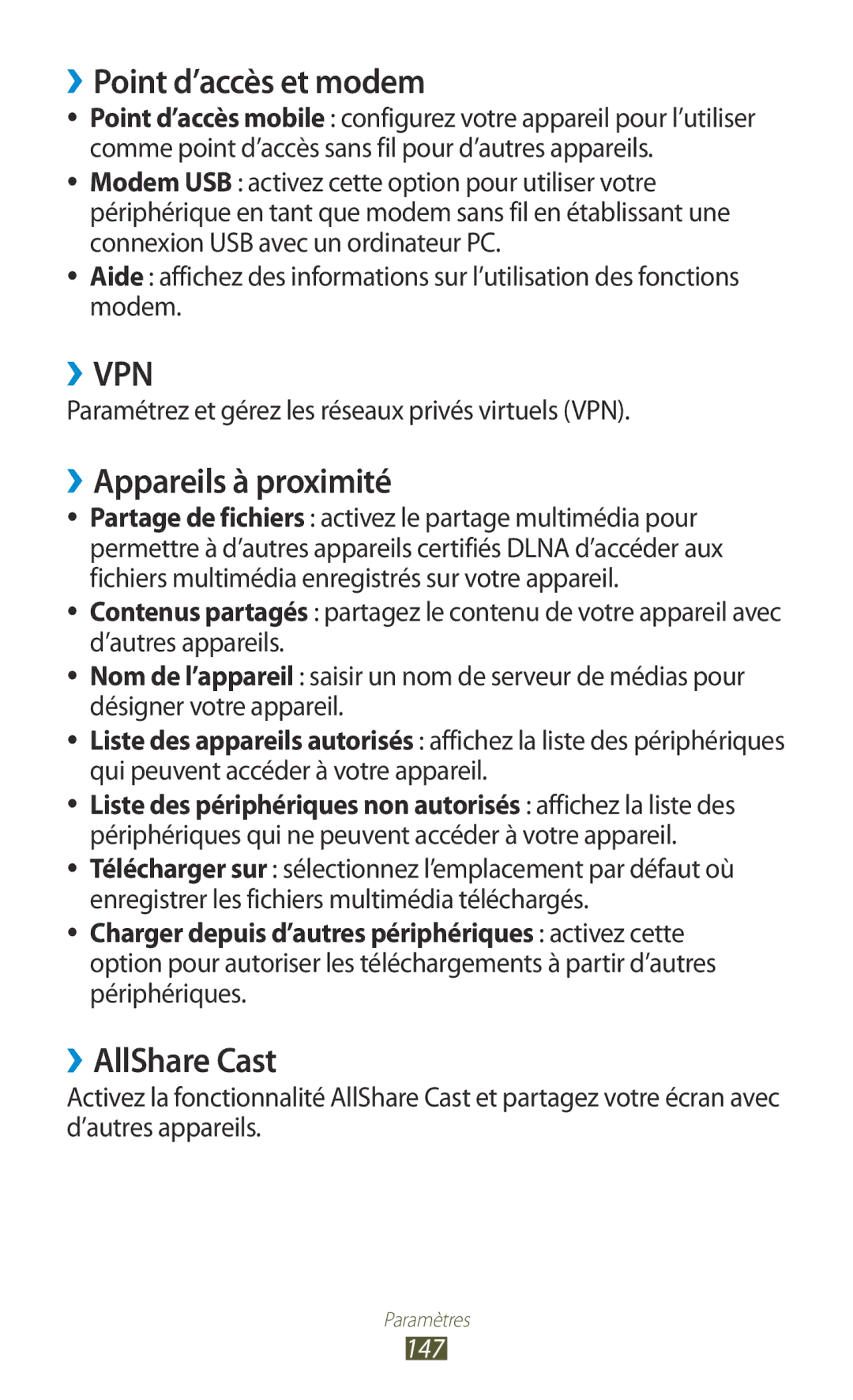 Samsung GT-N8020EAAXEF, GT-N8020EAASFR manual ››Point d’accès et modem, ››Appareils à proximité, ››AllShare Cast, 147 