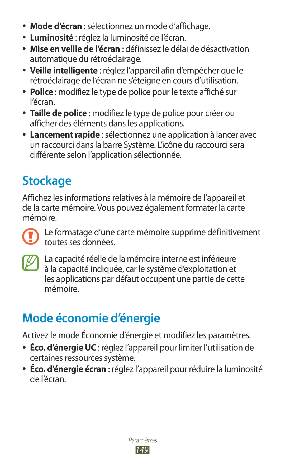 Samsung GT-N8020ZWAFTM, GT-N8020EAAXEF, GT-N8020EAASFR manual Stockage, Mode économie d’énergie, 149 