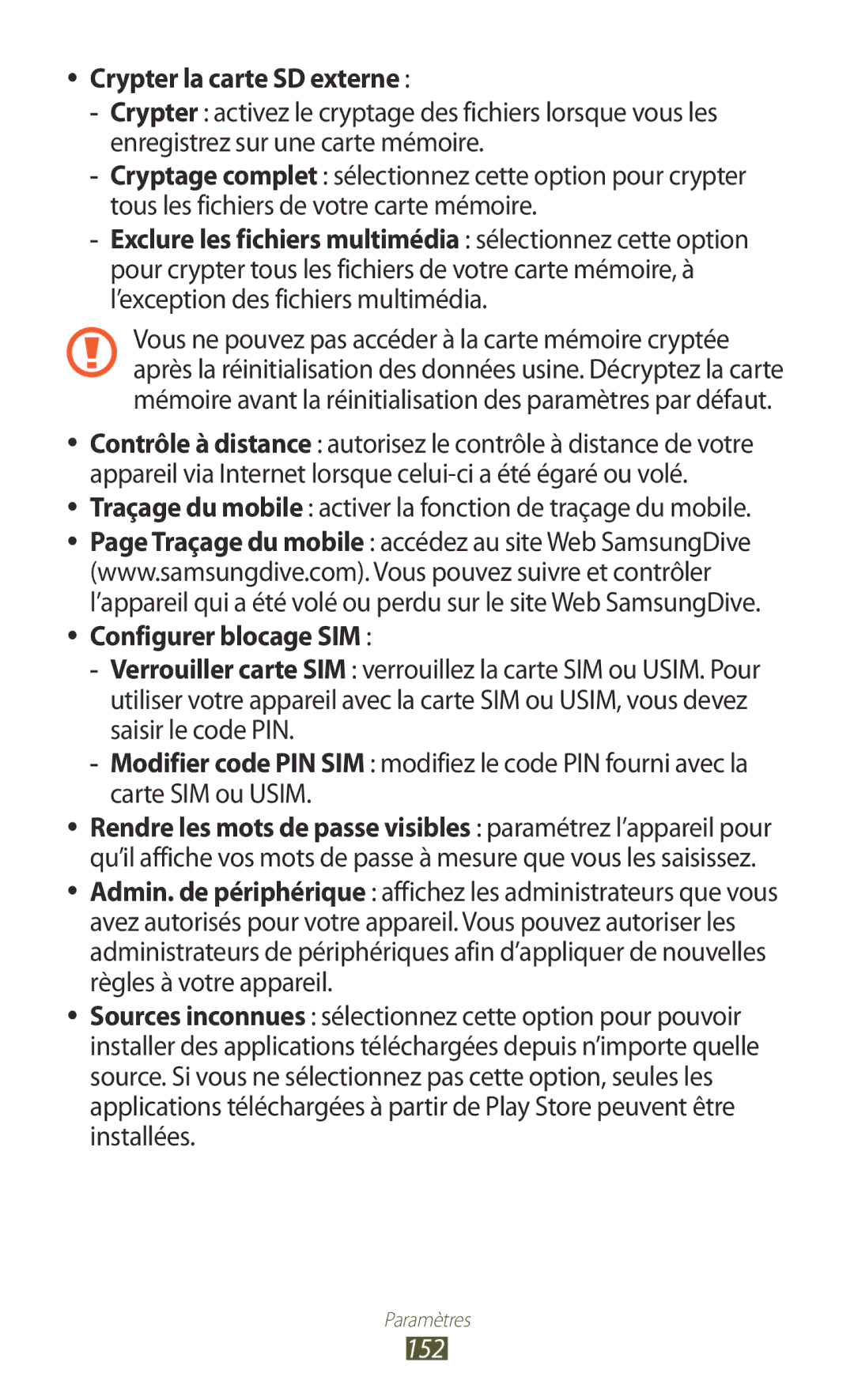 Samsung GT-N8020ZWAFTM manual Crypter la carte SD externe, Traçage du mobile activer la fonction de traçage du mobile, 152 