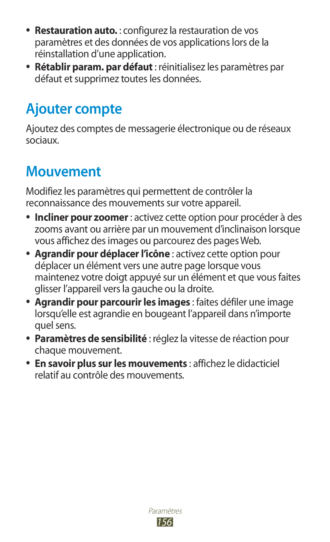 Samsung GT-N8020EAAXEF manual Ajouter compte, Mouvement, En savoir plus sur les mouvements affichez le didacticiel, 156 