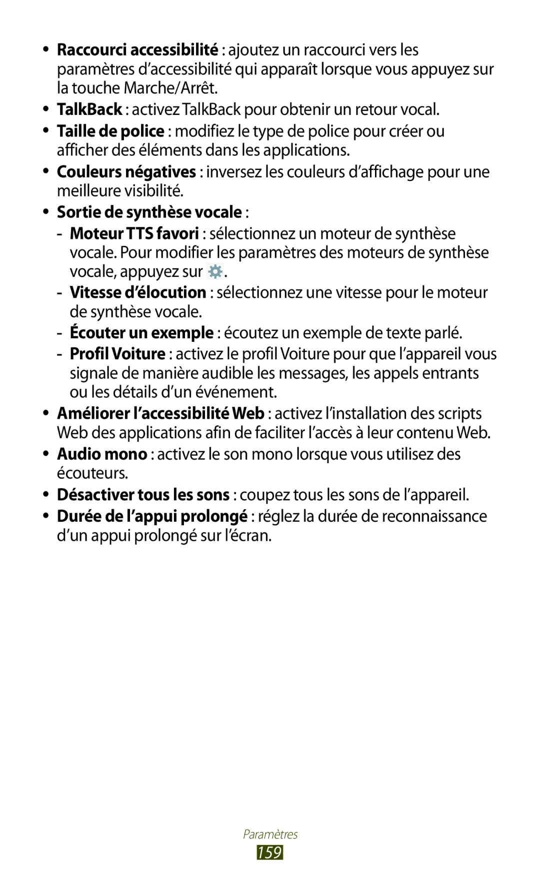 Samsung GT-N8020EAAXEF, GT-N8020EAASFR, GT-N8020ZWAFTM manual Sortie de synthèse vocale, 159 