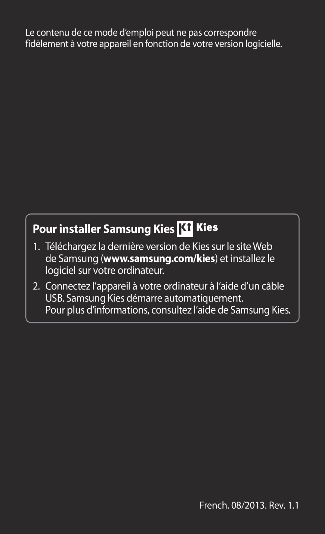 Samsung GT-N8020EAASFR, GT-N8020EAAXEF, GT-N8020ZWAFTM manual Pour installer Samsung Kies 