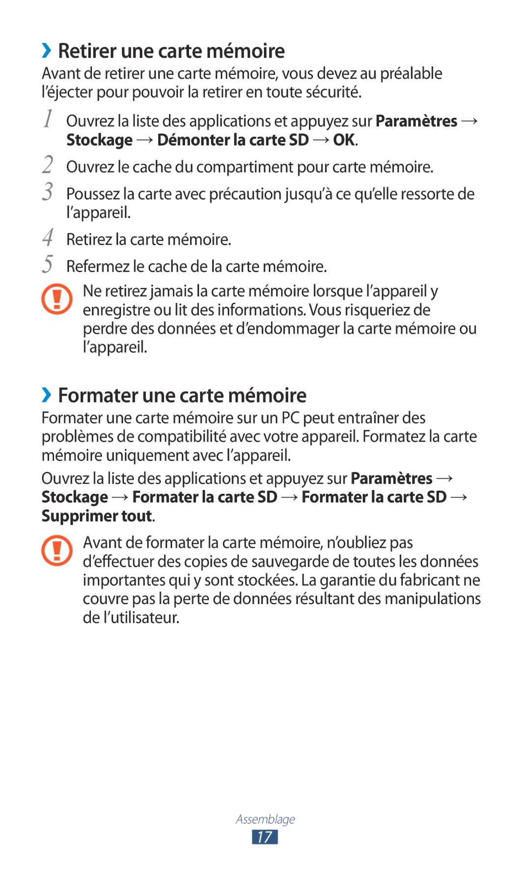 Samsung GT-N8020ZWAFTM, GT-N8020EAAXEF, GT-N8020EAASFR manual ››Retirer une carte mémoire, ››Formater une carte mémoire 