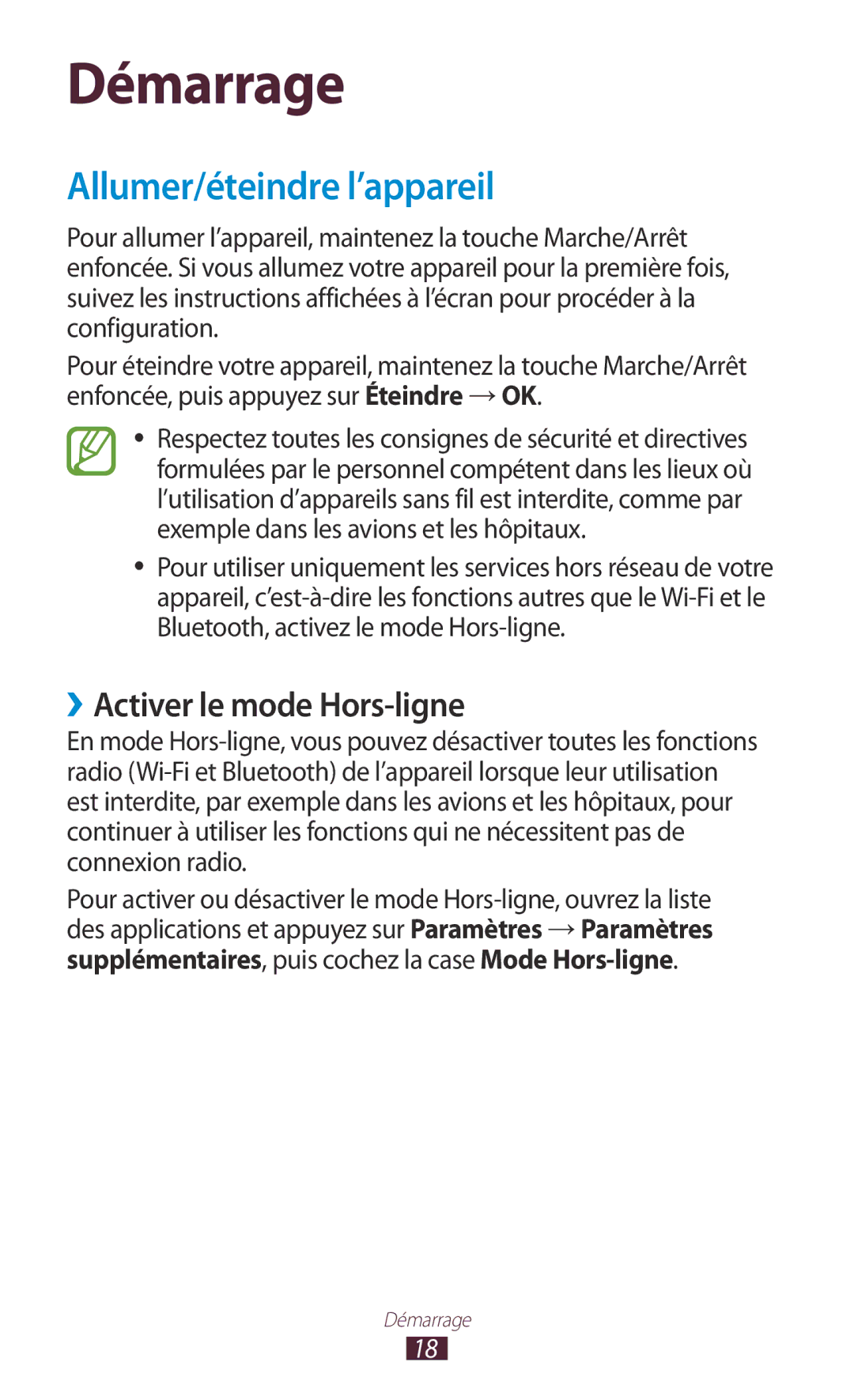 Samsung GT-N8020EAAXEF, GT-N8020EAASFR, GT-N8020ZWAFTM manual Allumer/éteindre l’appareil, ››Activer le mode Hors-ligne 