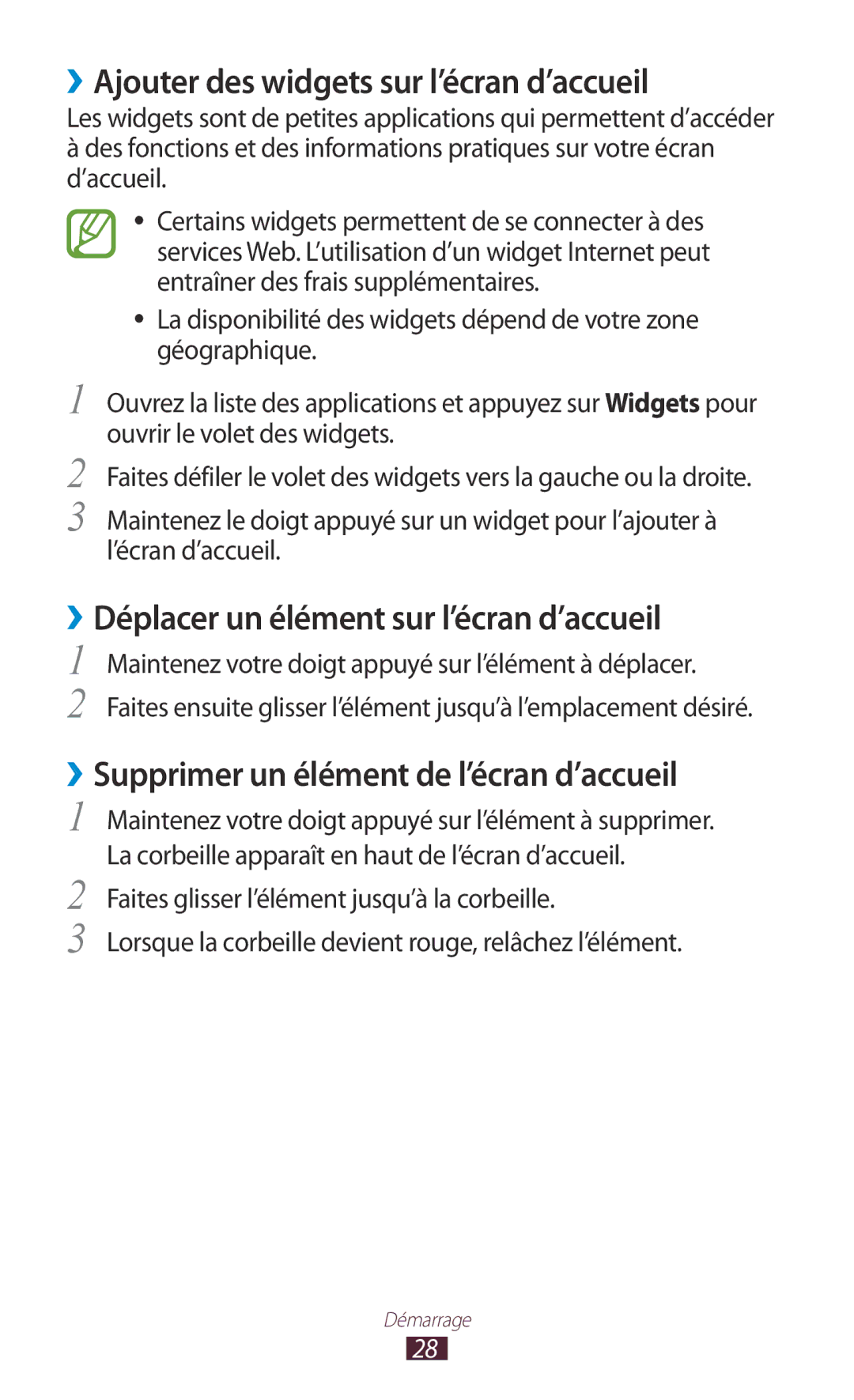 Samsung GT-N8020EAASFR manual ››Ajouter des widgets sur l’écran d’accueil, ››Déplacer un élément sur l’écran d’accueil 