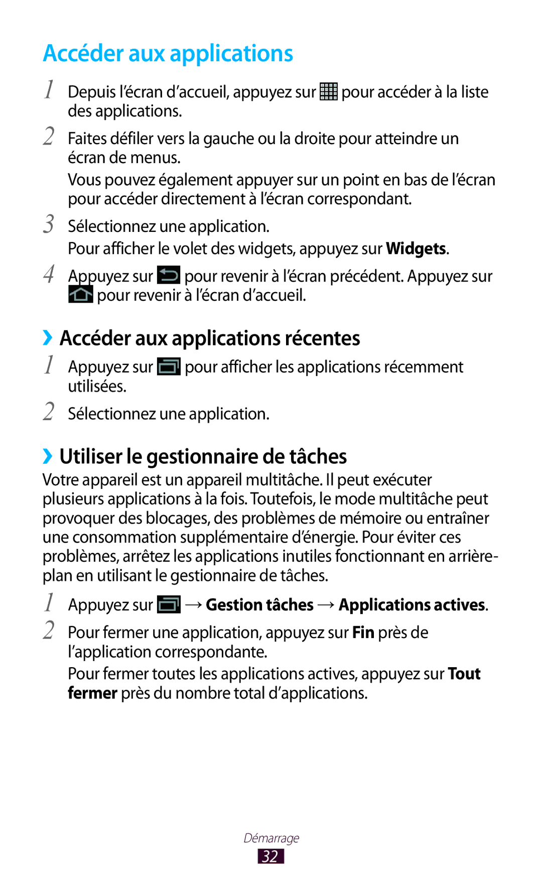 Samsung GT-N8020ZWAFTM, GT-N8020EAAXEF manual ››Accéder aux applications récentes, ››Utiliser le gestionnaire de tâches 