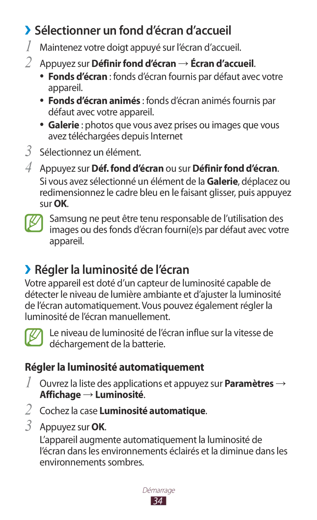 Samsung GT-N8020EAASFR, GT-N8020EAAXEF manual ››Sélectionner un fond d’écran d’accueil, ››Régler la luminosité de l’écran 