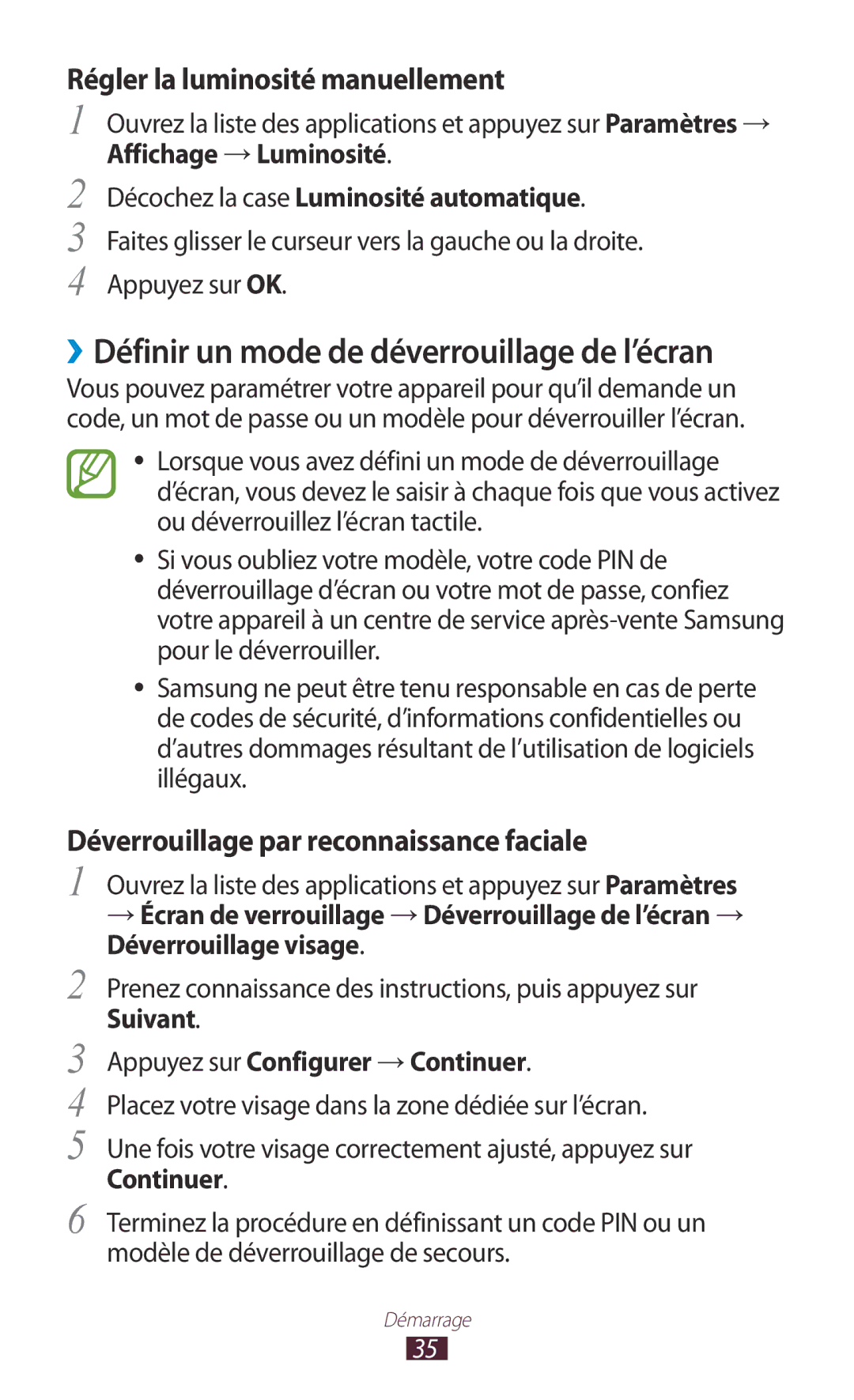 Samsung GT-N8020ZWAFTM manual ››Définir un mode de déverrouillage de l’écran, Décochez la case Luminosité automatique 