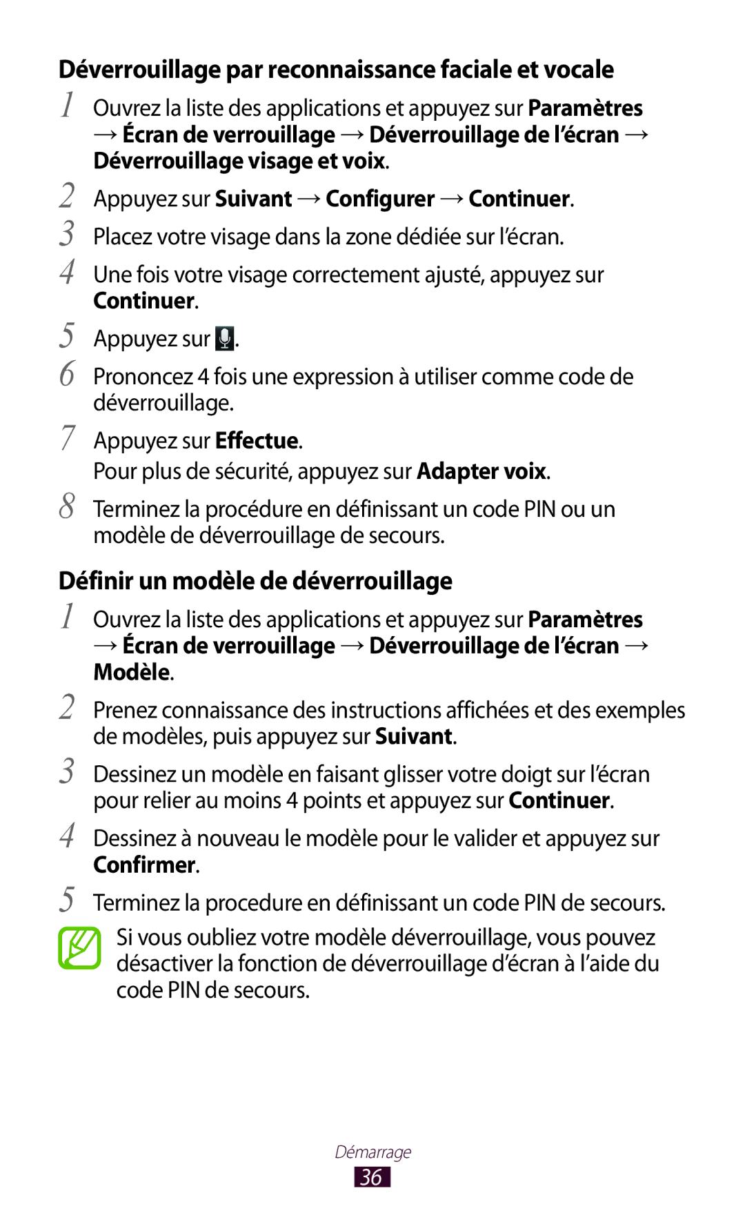 Samsung GT-N8020EAAXEF Déverrouillage par reconnaissance faciale et vocale, Appuyez sur Suivant →Configurer →Continuer 