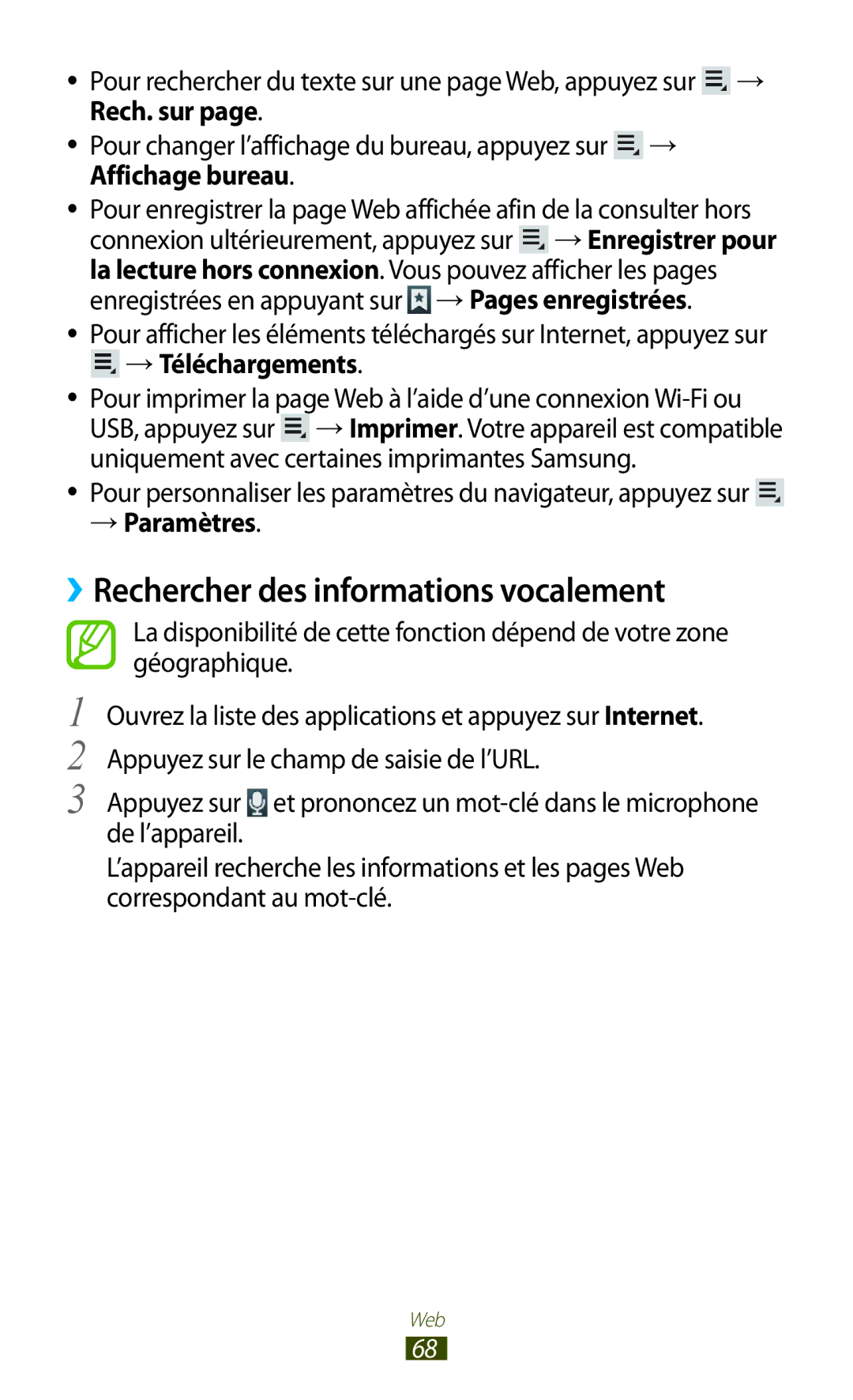 Samsung GT-N8020ZWAFTM, GT-N8020EAAXEF, GT-N8020EAASFR manual ››Rechercher des informations vocalement, → Paramètres 