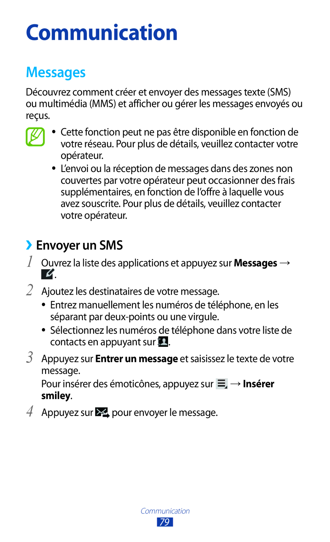 Samsung GT-N8020EAASFR, GT-N8020EAAXEF manual Messages, ››Envoyer un SMS, Smiley, Appuyez sur pour envoyer le message 