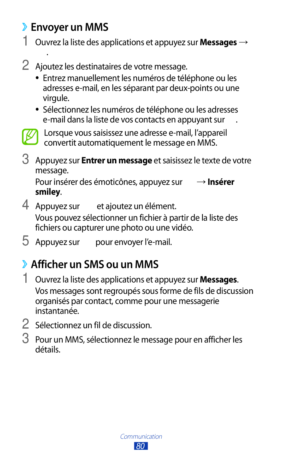 Samsung GT-N8020ZWAFTM, GT-N8020EAAXEF ››Envoyer un MMS, ››Afficher un SMS ou un MMS, Appuyez sur et ajoutez un élément 