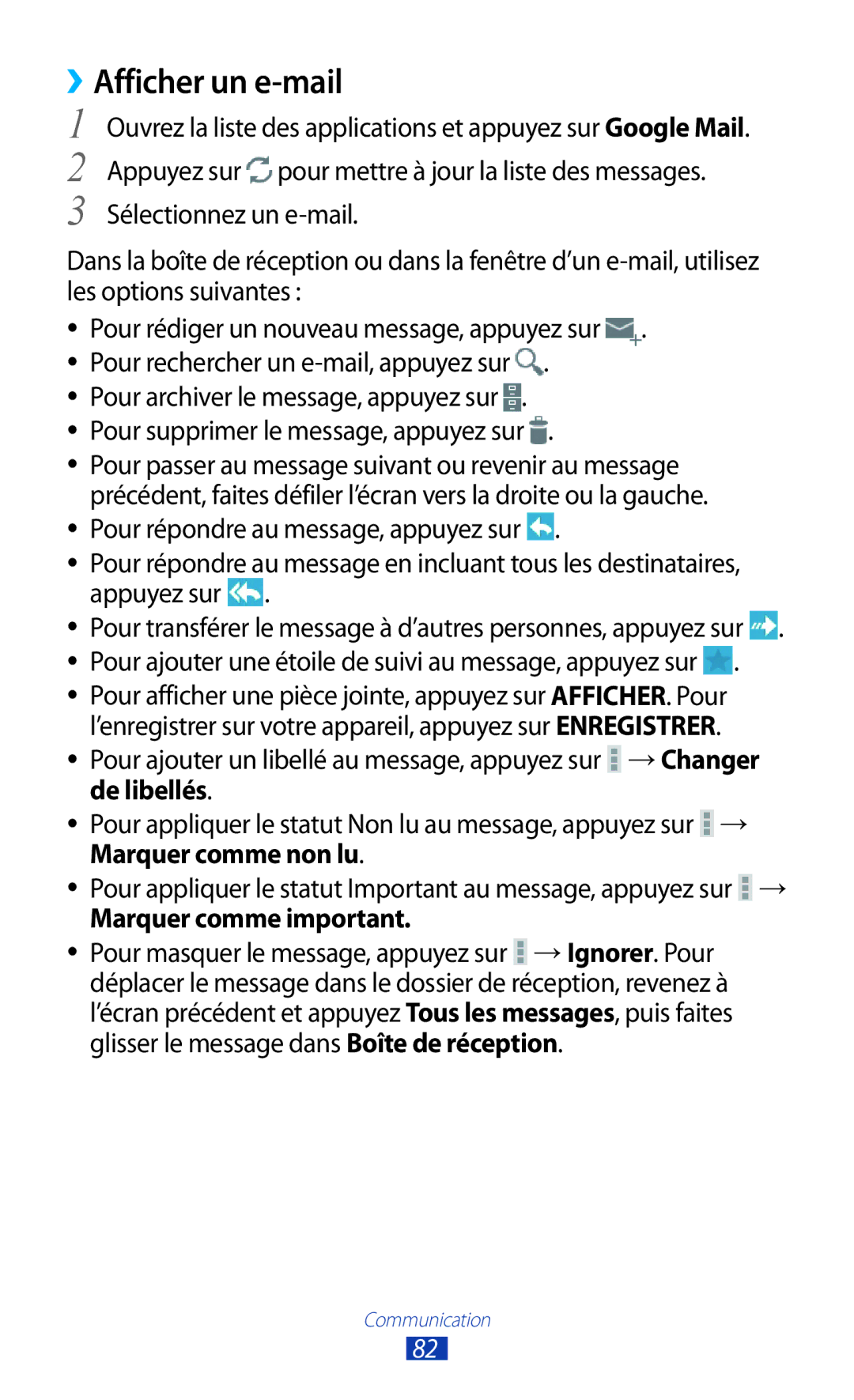 Samsung GT-N8020EAASFR, GT-N8020EAAXEF, GT-N8020ZWAFTM manual ››Afficher un e-mail, Marquer comme important 