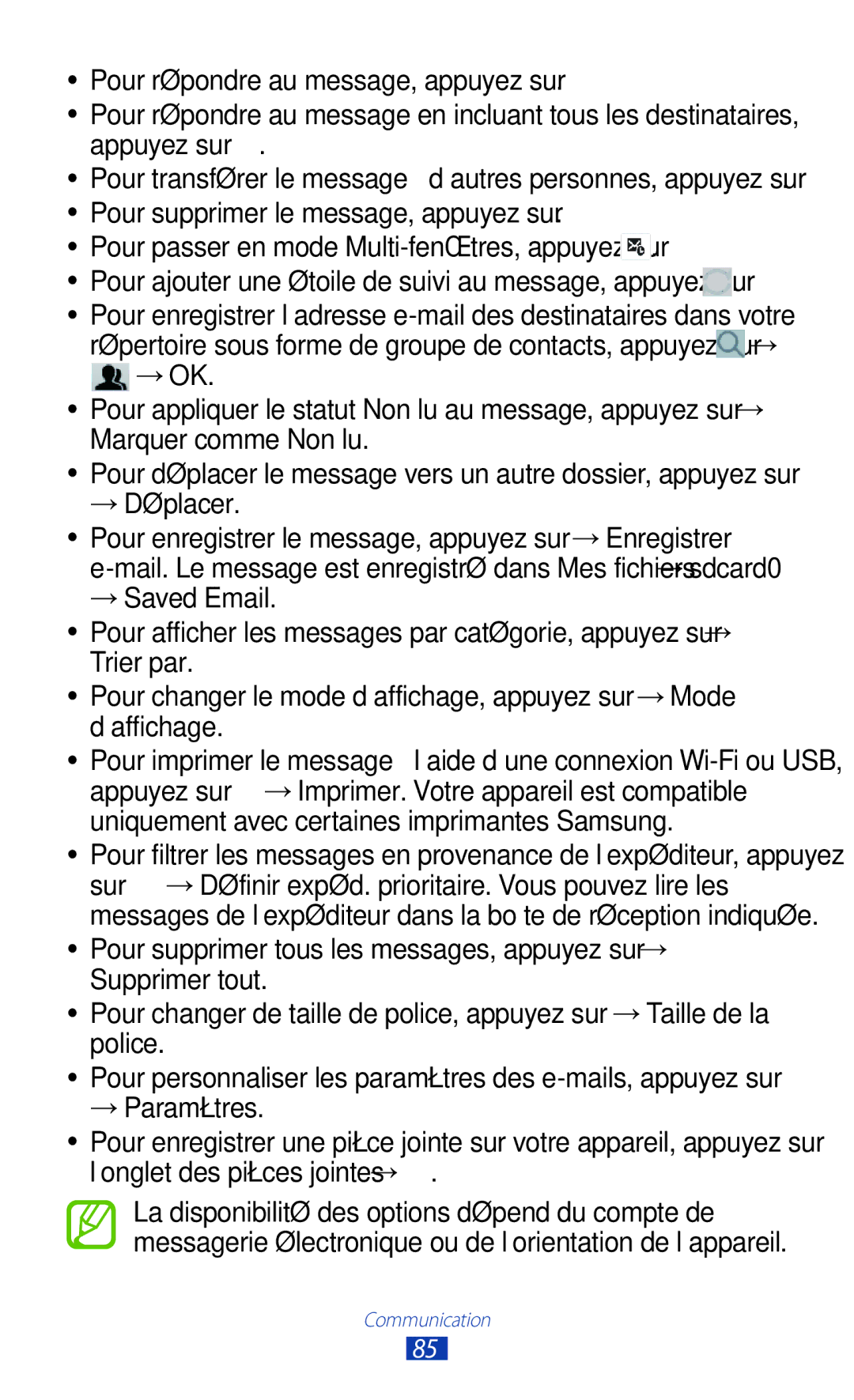 Samsung GT-N8020EAASFR, GT-N8020EAAXEF, GT-N8020ZWAFTM manual Marquer comme Non lu, → Déplacer, → Saved Email, Supprimer tout 