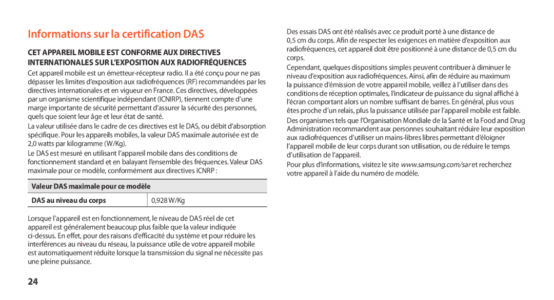 Samsung GT-N8020EAAXEF, GT-N8020EAASFR, GT-N8020ZWAFTM manual Informations sur la certification DAS 