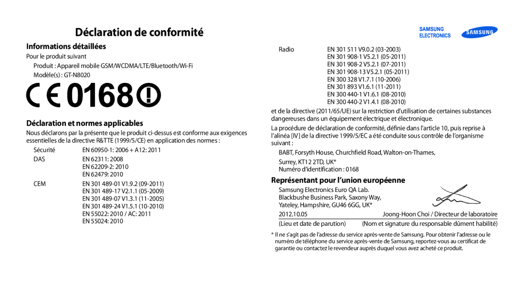 Samsung GT-N8020EAAXEF Informations détaillées, Déclaration et normes applicables, Représentant pour l’union européenne 