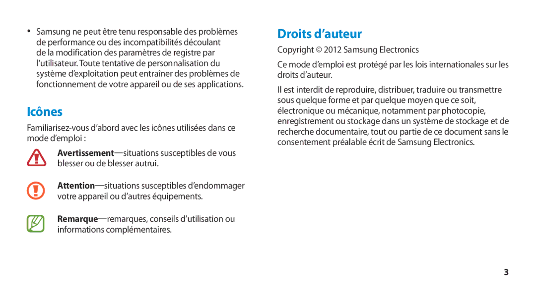 Samsung GT-N8020EAAXEF, GT-N8020EAASFR, GT-N8020ZWAFTM manual Icônes, Droits d’auteur 