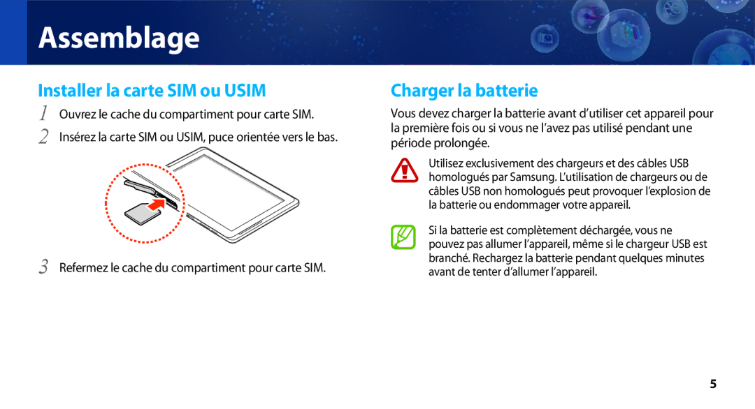 Samsung GT-N8020ZWAFTM, GT-N8020EAAXEF, GT-N8020EAASFR manual Installer la carte SIM ou Usim, Charger la batterie 