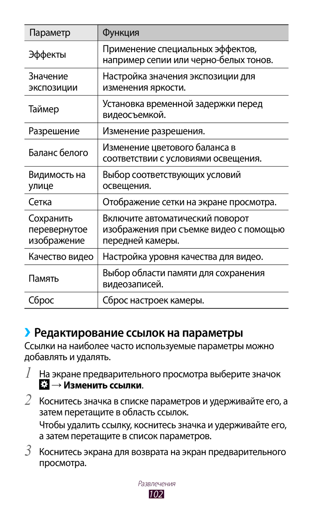 Samsung GT-N8020ZWASEB, GT-N8020EAASEB, GT-N8020EAASER manual ››Редактирование ссылок на параметры, → Изменить ссылки, 102 