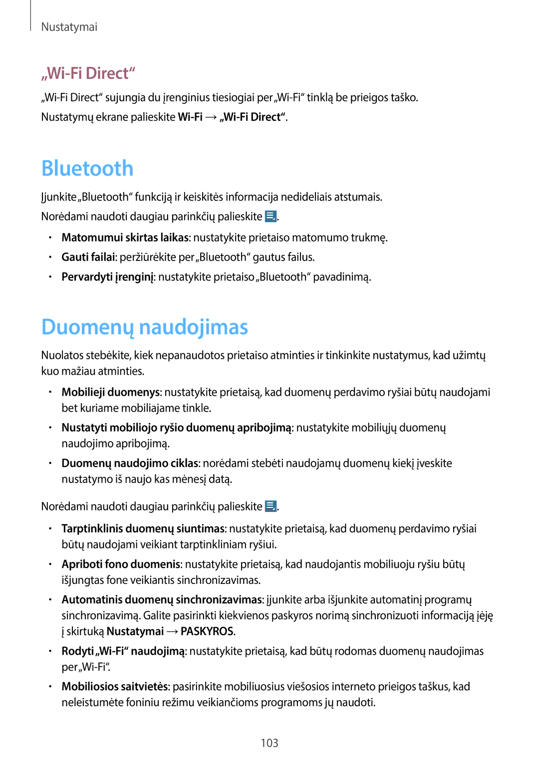 Samsung GT-N8020EAASEB, GT-N8020ZWASEB manual Bluetooth, Duomenų naudojimas, „Wi-Fi Direct 