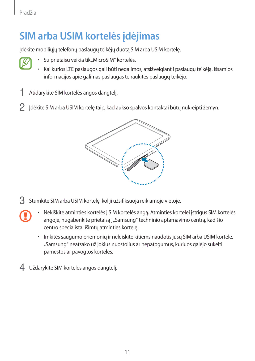 Samsung GT-N8020EAASEB, GT-N8020ZWASEB manual SIM arba Usim kortelės įdėjimas 