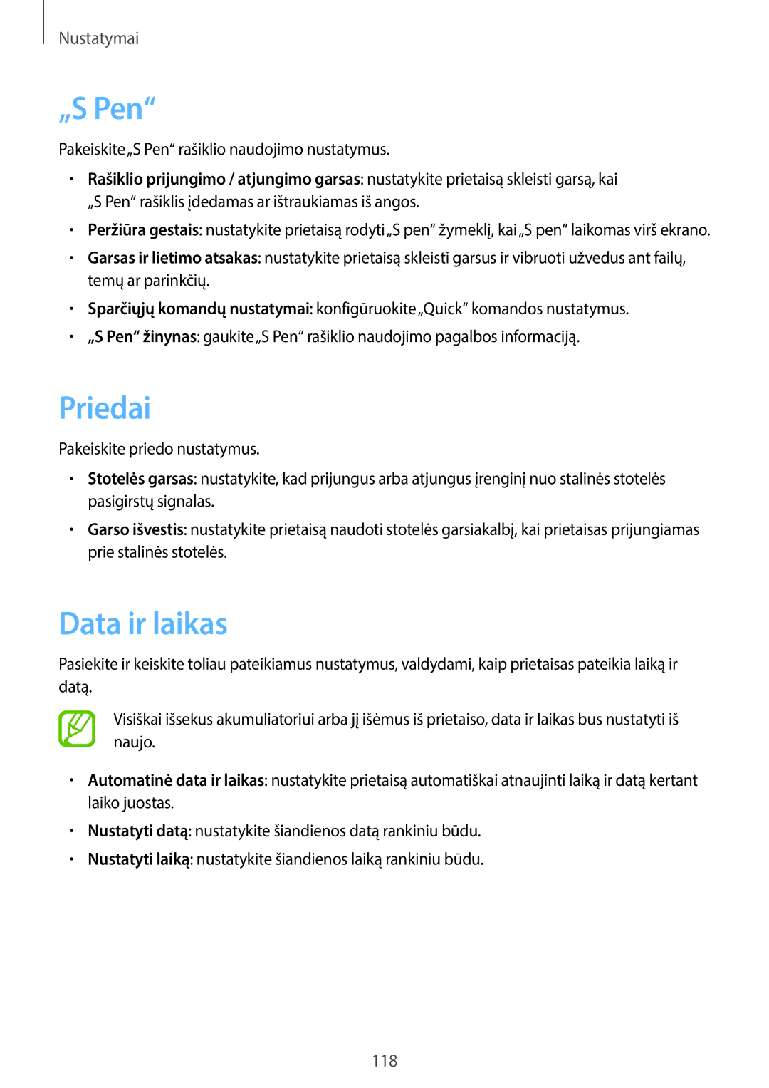 Samsung GT-N8020ZWASEB, GT-N8020EAASEB manual „S Pen, Priedai, Data ir laikas 