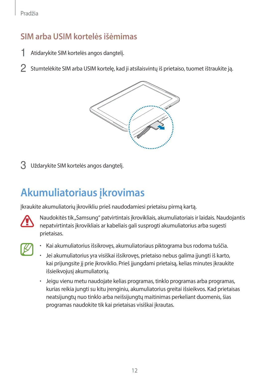 Samsung GT-N8020ZWASEB, GT-N8020EAASEB manual Akumuliatoriaus įkrovimas, SIM arba Usim kortelės išėmimas 