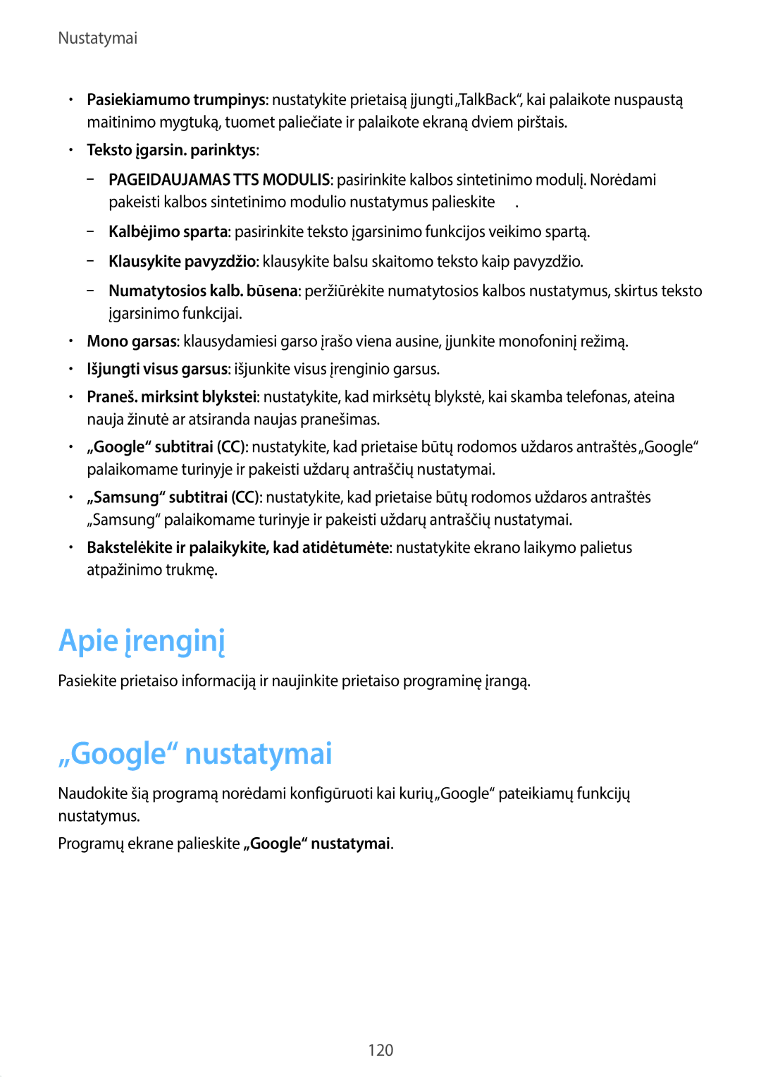 Samsung GT-N8020ZWASEB, GT-N8020EAASEB manual Apie įrenginį, „Google nustatymai, Teksto įgarsin. parinktys 