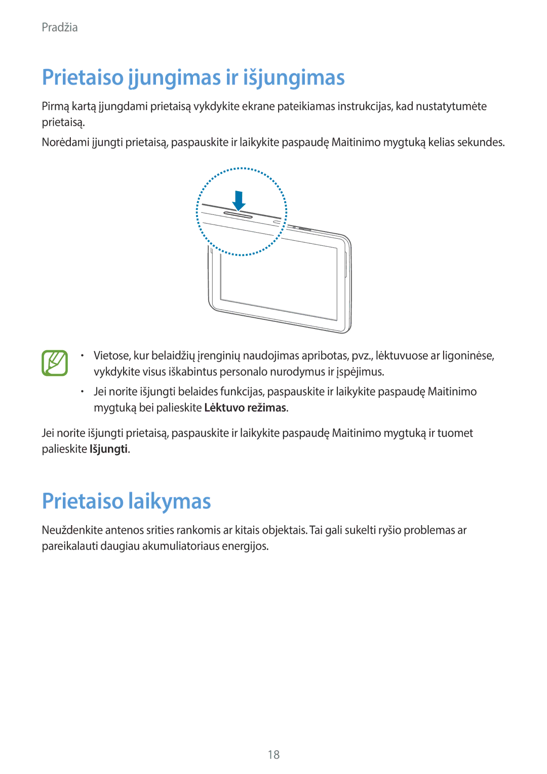 Samsung GT-N8020ZWASEB, GT-N8020EAASEB manual Prietaiso įjungimas ir išjungimas, Prietaiso laikymas 