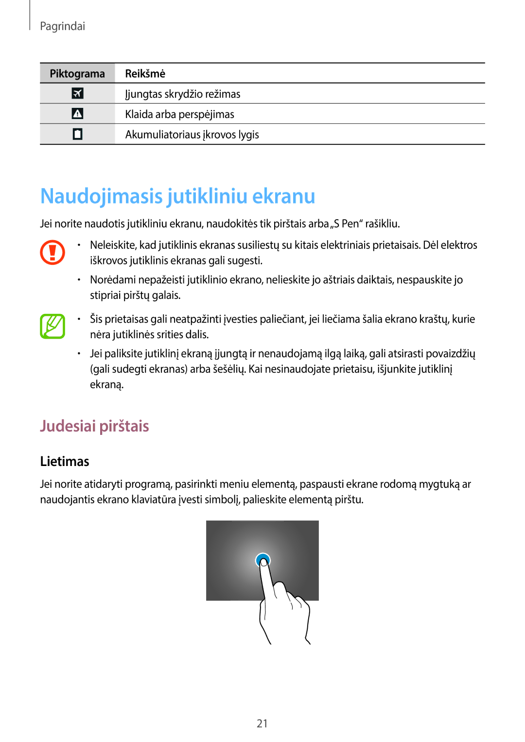 Samsung GT-N8020EAASEB, GT-N8020ZWASEB manual Naudojimasis jutikliniu ekranu, Judesiai pirštais, Lietimas 