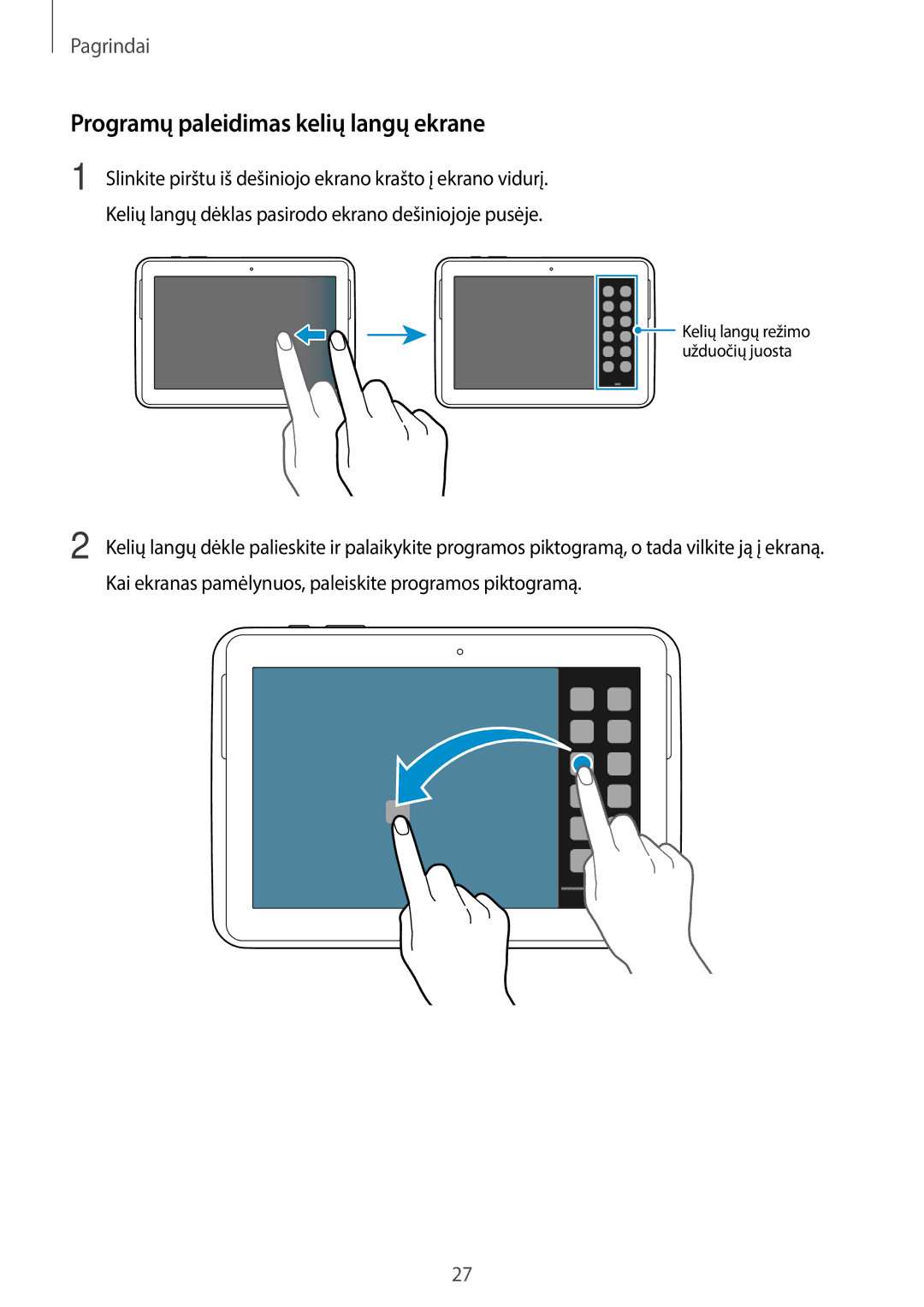 Samsung GT-N8020EAASEB, GT-N8020ZWASEB manual Programų paleidimas kelių langų ekrane 