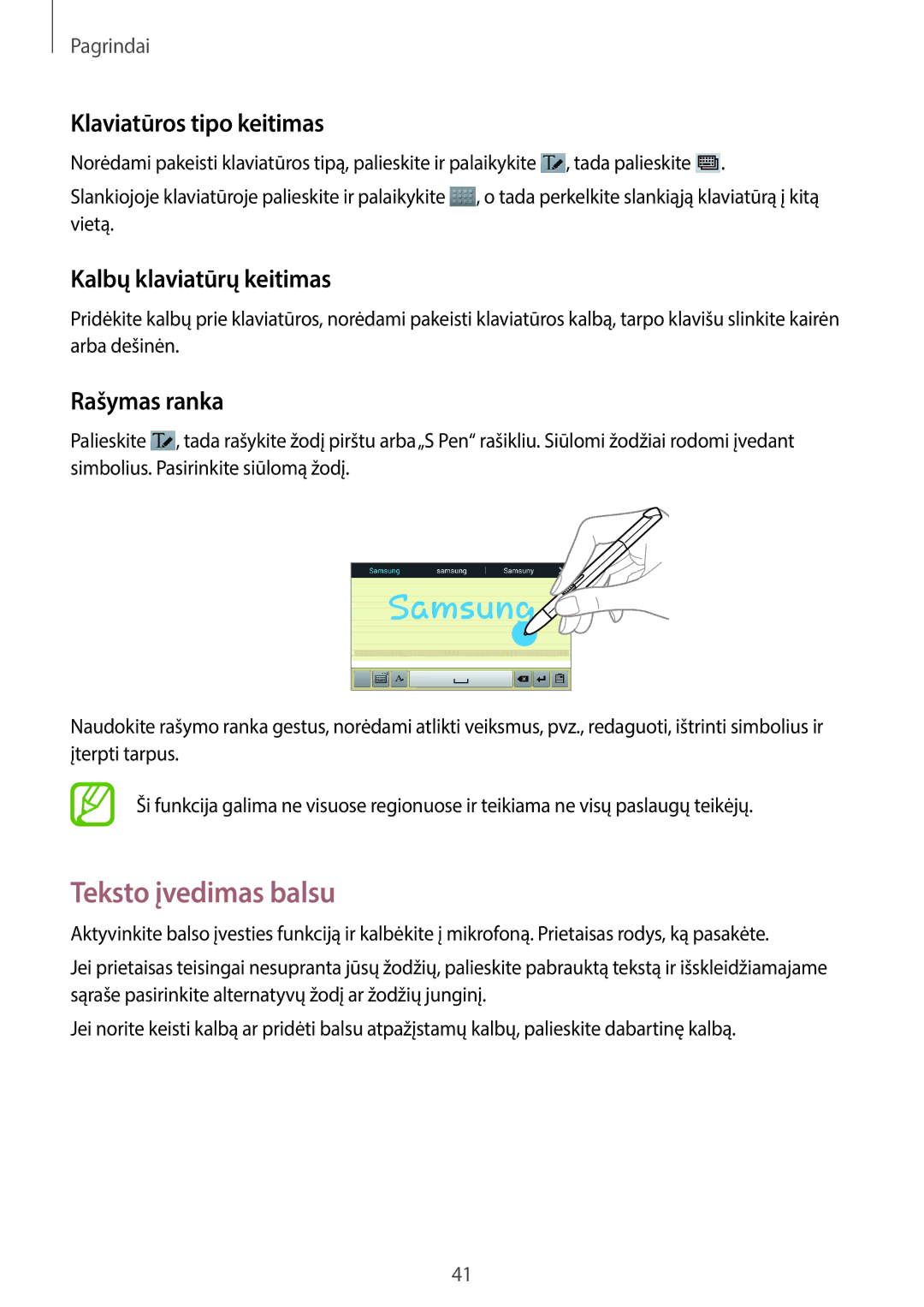 Samsung GT-N8020EAASEB manual Teksto įvedimas balsu, Klaviatūros tipo keitimas, Kalbų klaviatūrų keitimas, Rašymas ranka 