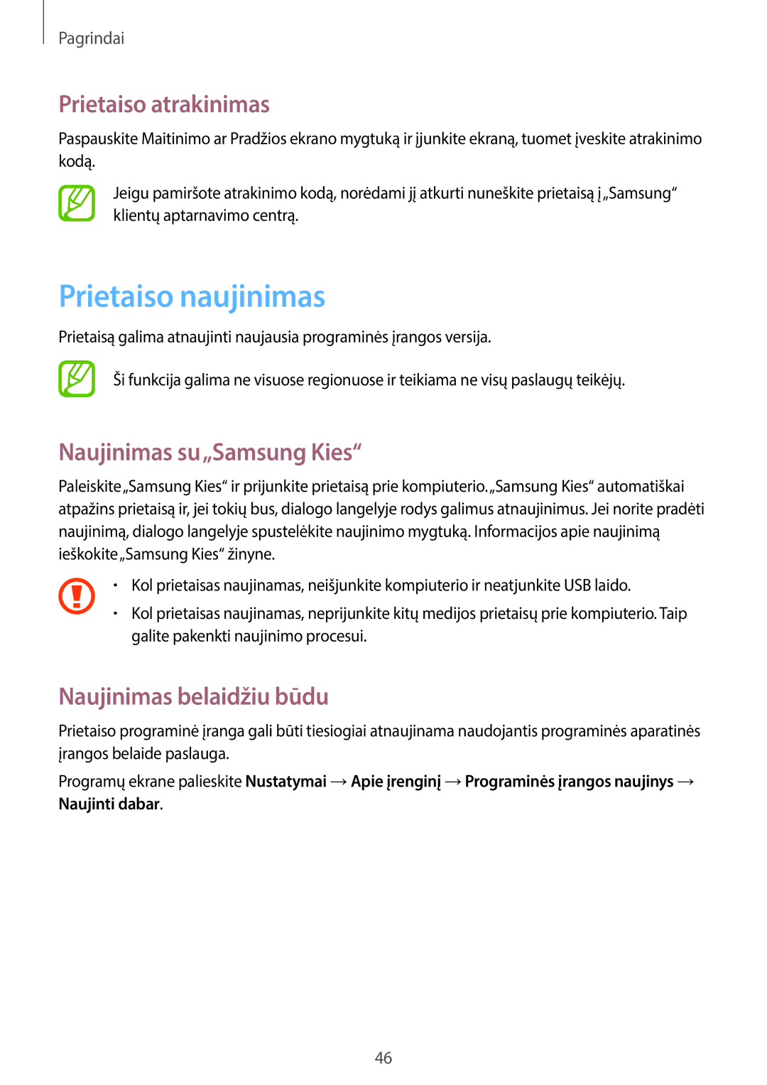 Samsung GT-N8020ZWASEB Prietaiso naujinimas, Prietaiso atrakinimas, Naujinimas su„Samsung Kies, Naujinimas belaidžiu būdu 