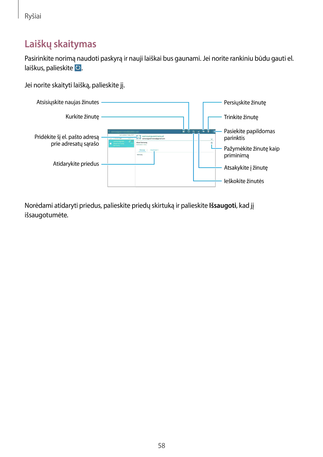 Samsung GT-N8020ZWASEB, GT-N8020EAASEB manual Laiškų skaitymas 