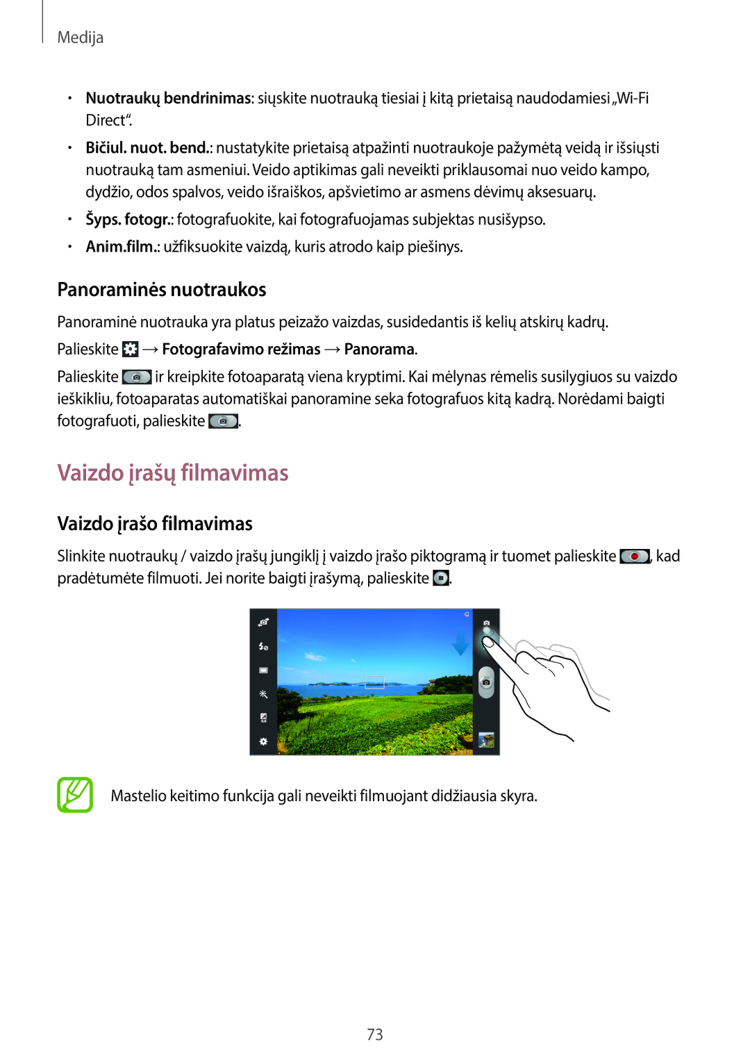 Samsung GT-N8020EAASEB, GT-N8020ZWASEB manual Vaizdo įrašų filmavimas, Panoraminės nuotraukos, Vaizdo įrašo filmavimas 