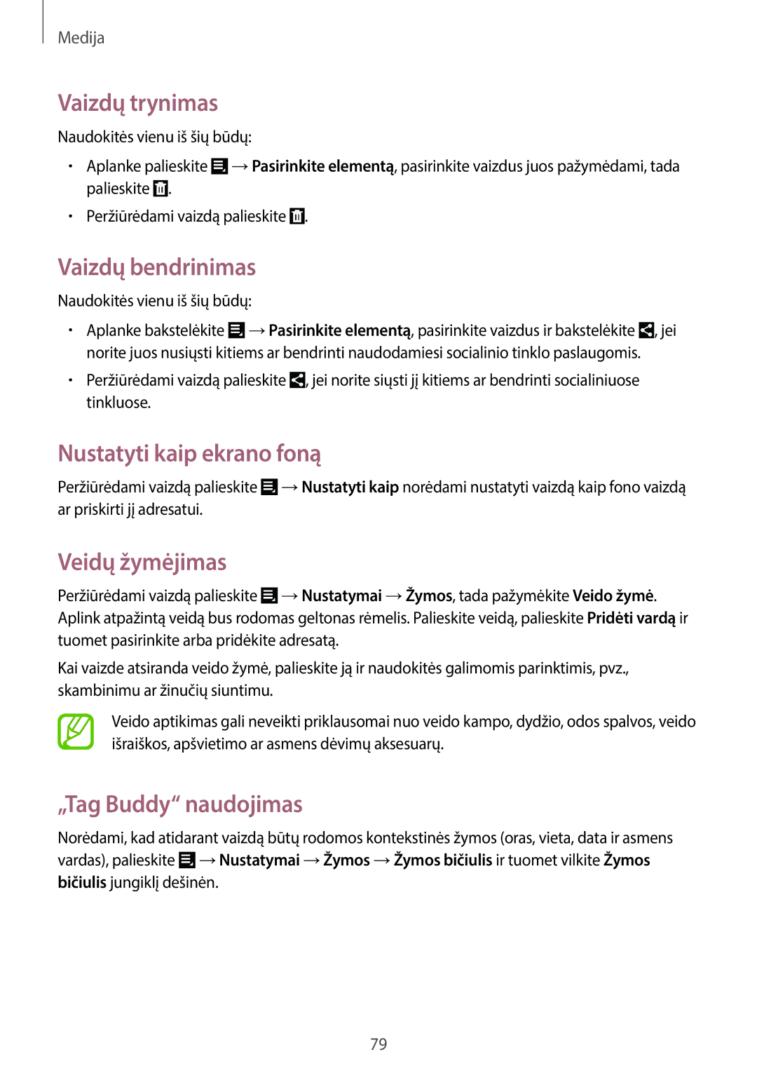 Samsung GT-N8020EAASEB, GT-N8020ZWASEB Vaizdų trynimas, Vaizdų bendrinimas, Nustatyti kaip ekrano foną, Veidų žymėjimas 