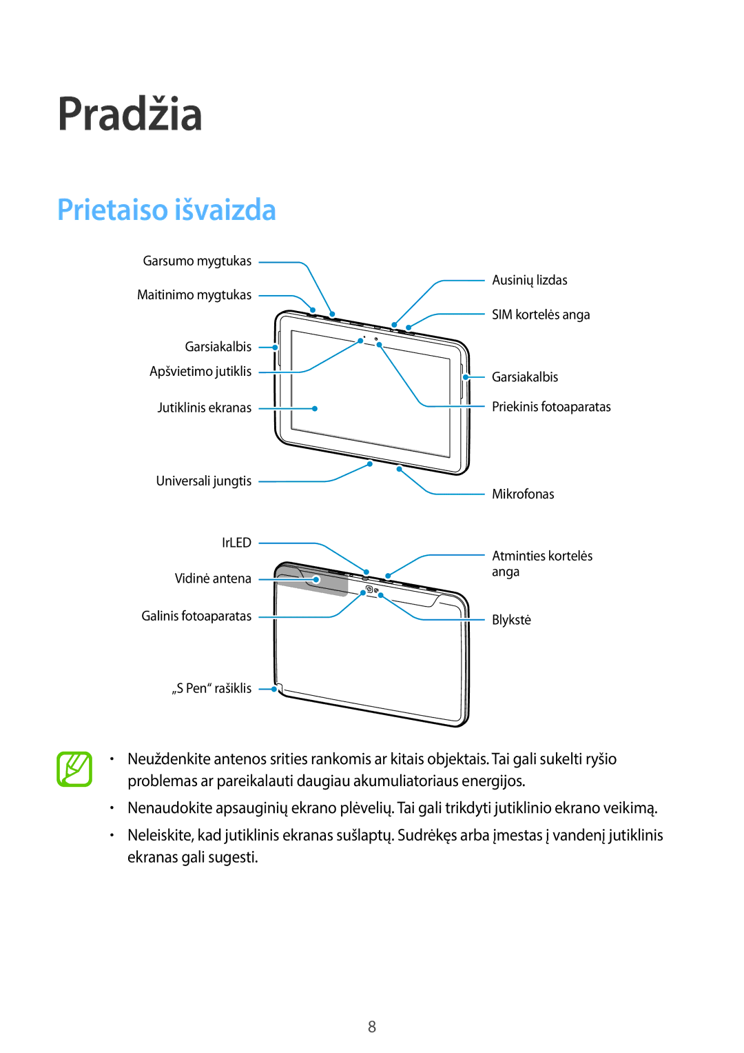 Samsung GT-N8020ZWASEB, GT-N8020EAASEB manual Pradžia, Prietaiso išvaizda 