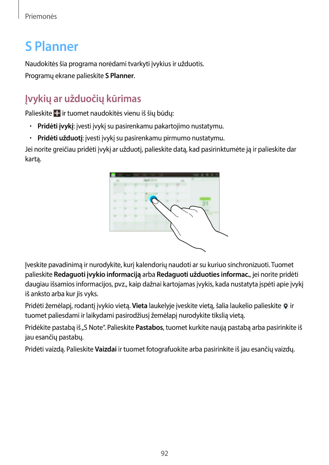 Samsung GT-N8020ZWASEB, GT-N8020EAASEB manual Planner, Įvykių ar užduočių kūrimas 