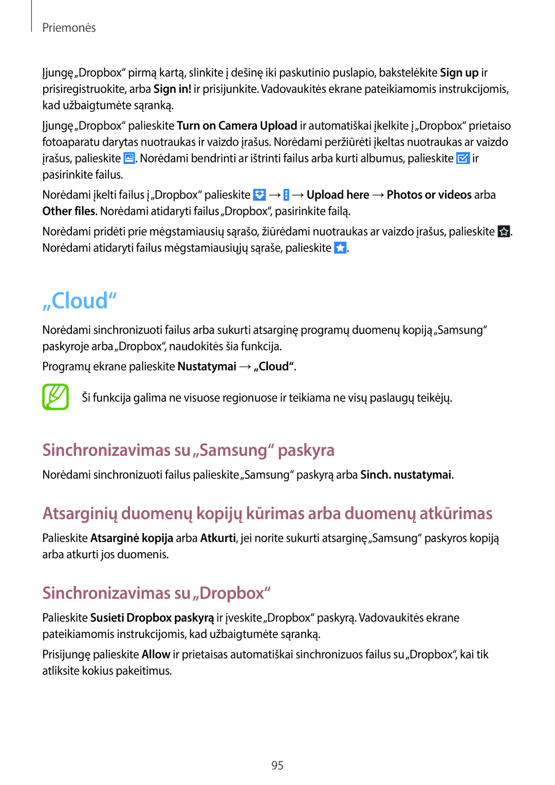 Samsung GT-N8020EAASEB, GT-N8020ZWASEB manual „Cloud, Sinchronizavimas su„Samsung paskyra, Sinchronizavimas su„Dropbox 