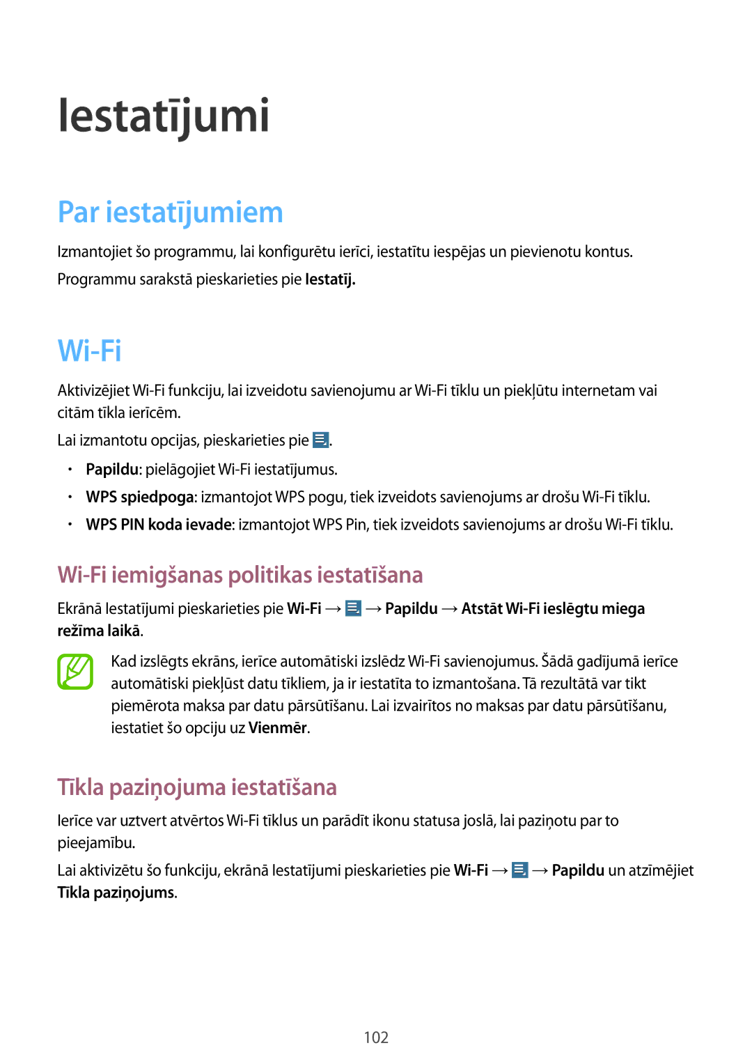 Samsung GT-N8020ZWASEB, GT-N8020EAASEB manual Iestatījumi, Par iestatījumiem, Wi-Fi iemigšanas politikas iestatīšana 