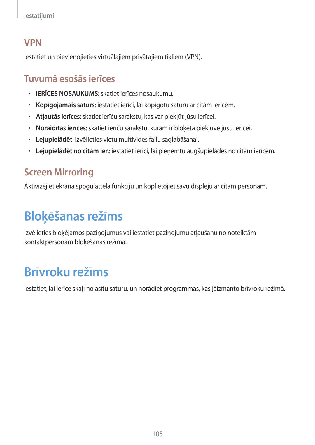 Samsung GT-N8020EAASEB, GT-N8020ZWASEB manual Bloķēšanas režīms, Brīvroku režīms, Tuvumā esošās ierīces, Screen Mirroring 