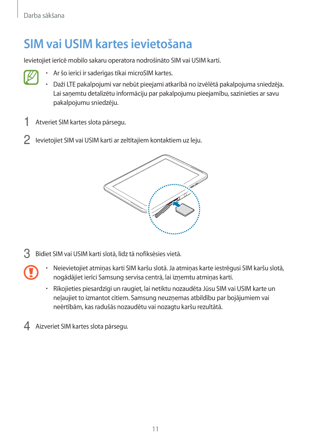 Samsung GT-N8020EAASEB, GT-N8020ZWASEB manual SIM vai Usim kartes ievietošana 