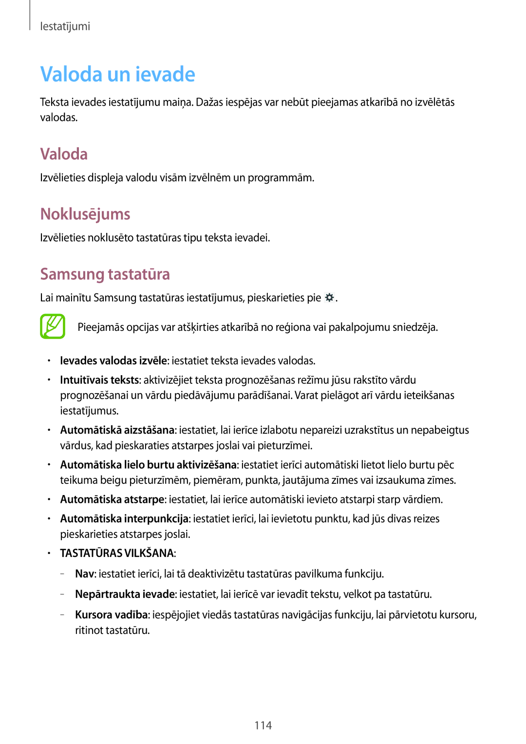 Samsung GT-N8020ZWASEB, GT-N8020EAASEB manual Valoda un ievade, Noklusējums, Samsung tastatūra 